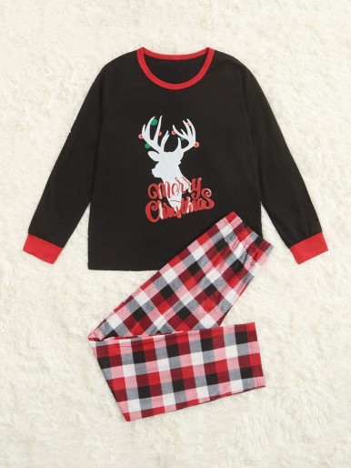 Boys 1pc Christmas Print Sleep Top & 1pc Plaid Print Sleep Pants