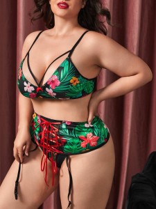 Plus Tropical Print Contrast Mesh Lingerie Set With Garter