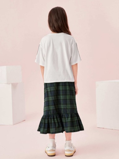 SHEIN Girls Heart & Letter Graphic Striped Tape Tee And Plaid Print Ruffle Hem Skirt