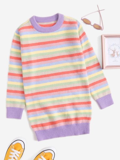 Girls Rainbow Stripe Pattern Contrast Trim Sweater