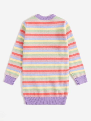 Girls Rainbow Stripe Pattern Contrast Trim Sweater