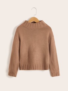 Girls Stand Collar Drop Shoulder Sweater