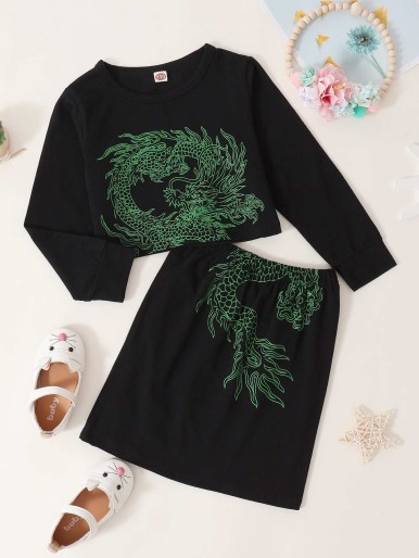 Girls Chinese Dragon Graphic Sweatshirt & Skirt