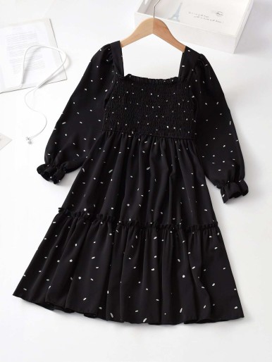 Girls Allover Print Shirred A-line Dress