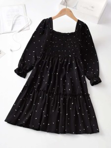 Girls Allover Print Shirred A-line Dress