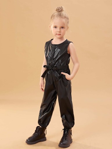 SHEIN Toddler Girls Slant Pockets Belted PU Leather Jumpsuit