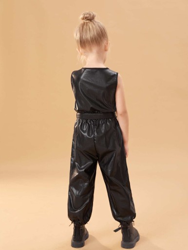 SHEIN Toddler Girls Slant Pockets Belted PU Leather Jumpsuit