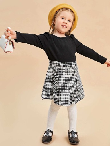SHEIN Toddler Girls Houndstooth Panel Puff Sleeve Fold Pleated Dress