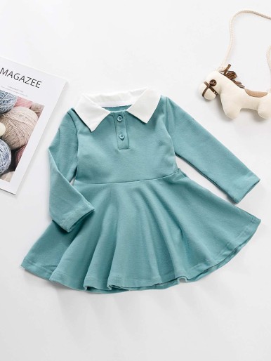 Toddler Girls Contrast Collar Half Button Dress