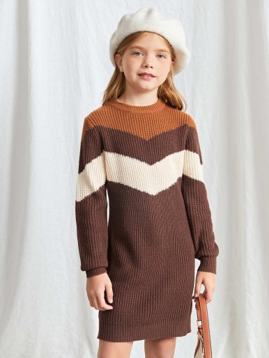 SHEIN Girls Chevron Pattern Sweater Dress