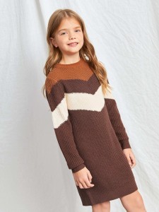 SHEIN Girls Chevron Pattern Sweater Dress