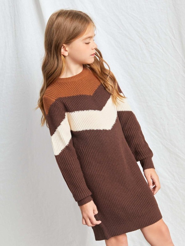 SHEIN Girls Chevron Pattern Sweater Dress