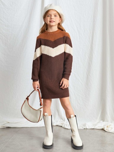 SHEIN Girls Chevron Pattern Sweater Dress