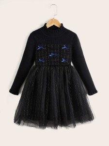 Girls Bow Front Mesh Panel Sweater Dress