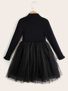 Girls Bow Front Mesh Panel Sweater Dress