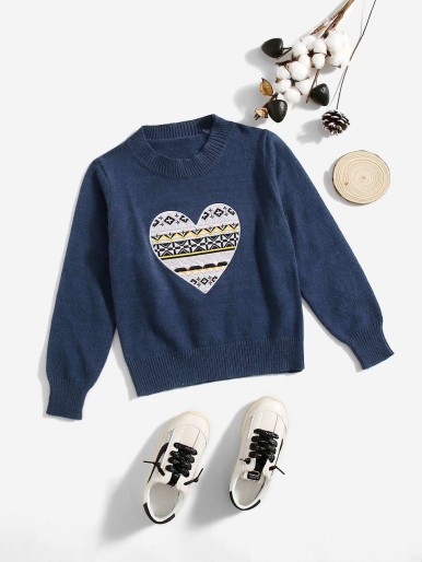 Girls Geo & Heart Embroidery Sweater