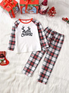 Boys 1pc Christmas Print Sleep Top & 1pc Tartan Sleep Pants