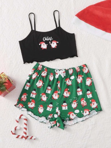 Christmas Print Lettuce Trim Cami Top & Shorts PJ Set