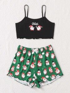 Christmas Print Lettuce Trim Cami Top & Shorts PJ Set