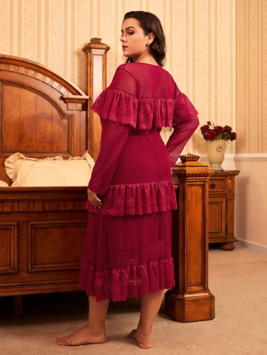 Plus Contrast Lace Ruffle Trim Night Dress