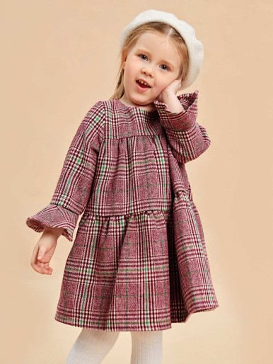 SHEIN Toddler Girls Flounce Sleeve Plaid Tweed Dress