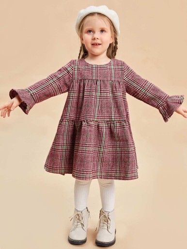 SHEIN Toddler Girls Flounce Sleeve Plaid Tweed Dress