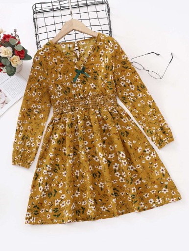 Girls Floral Print Shirred Waist Overlap Collar Bow Detail Dress