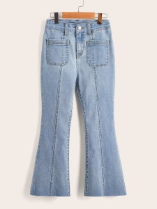 SHEIN Girls Patch Pocket Flare Leg Jeans