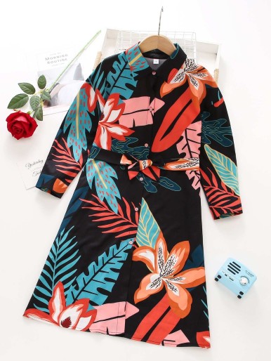 Girls Tropical Print Belted Shirt Dress
