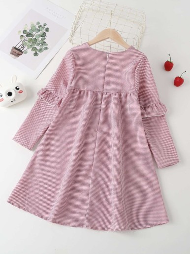 Girls Gingham Print Guipure Lace Appliques Ruffle Trim Dress