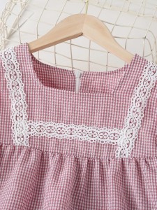 Girls Gingham Print Guipure Lace Appliques Ruffle Trim Dress