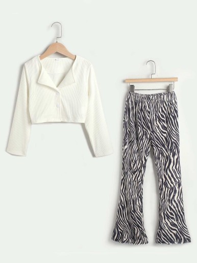 Girls Waterfall Collar Top & Zebra Striped Flare Leg Pants