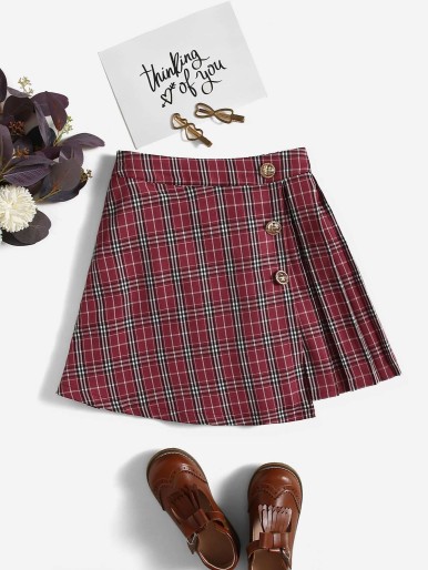 Girls Tartan Single Breasted Pleated Skirt