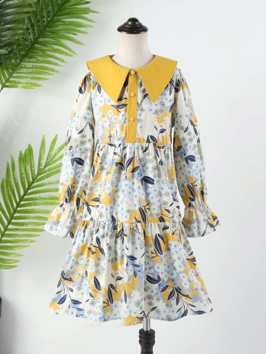 Girls Floral Print Sailor Collar Flounce Sleeve Ruffle Hem Dress