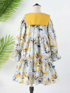 Girls Floral Print Sailor Collar Flounce Sleeve Ruffle Hem Dress