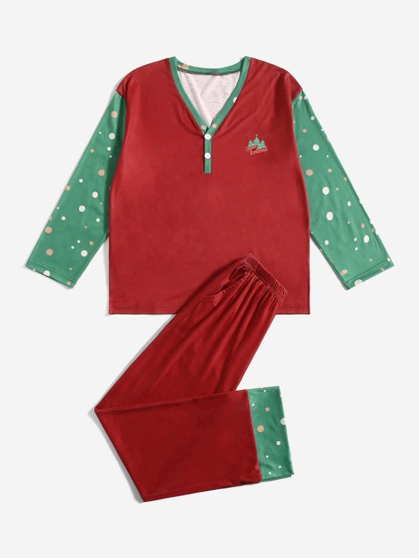 1pc Polka Dot Christmas Print Sleep Top & 1pc Sleep Pants