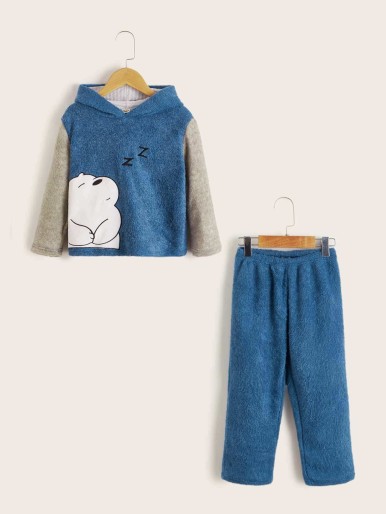 Boys Cartoon Bear Print Hooded Pocket Fleece Lounge Set
