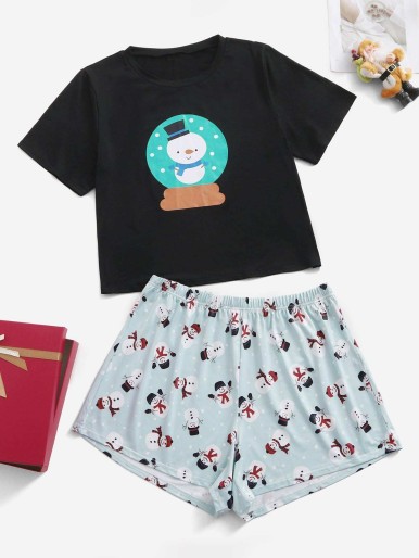 Plus Christmas Snowman Print Pajama Set