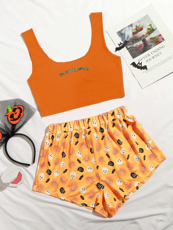 Halloween And Slogan Graphic Pajama Set