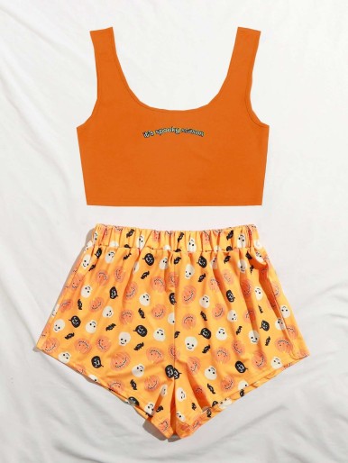 Halloween And Slogan Graphic Pajama Set