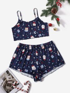 Plus Christmas Print Lettuce Trim Cami PJ Set