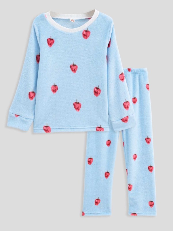 Girls Strawberry Print Flannel Top & Pants PJ Set