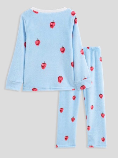 Girls Strawberry Print Flannel Top & Pants PJ Set