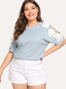 Plus Cold Shoulder Flower Decorative Tee