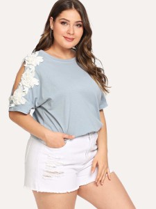 Plus Cold Shoulder Flower Decorative Tee