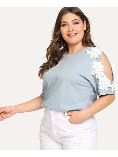 Plus Cold Shoulder Flower Decorative Tee