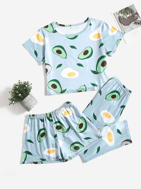 Girls 3pcs Fruit & Egg Print PJ Set