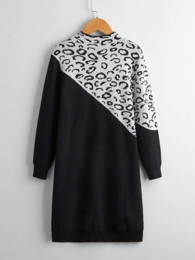 فستان من الصوف بنقشة الفهد بألوان متطابقة بدون حزام للبنات
