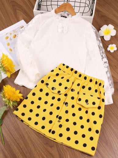Polka dot skirt with contrast embroidered mesh bow top for girls