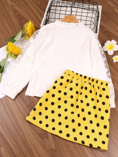Polka dot skirt with contrast embroidered mesh bow top for girls